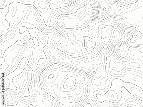 Fotografi Black and white topographic map illustration with wavy contour lines on a white background, featuring varying line thickness and smooth curves, creating a unique pattern