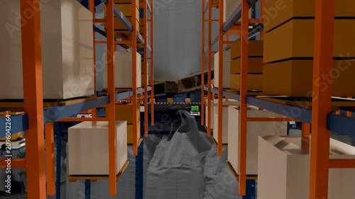 Camera pushing forward into racking aisle, revealing conveyor carrying colored bins for transfer