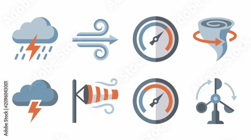 Slika na platnu Weather monitoring icons display atmospheric conditions, wind speed measurements, and meteorological phenomena symbols