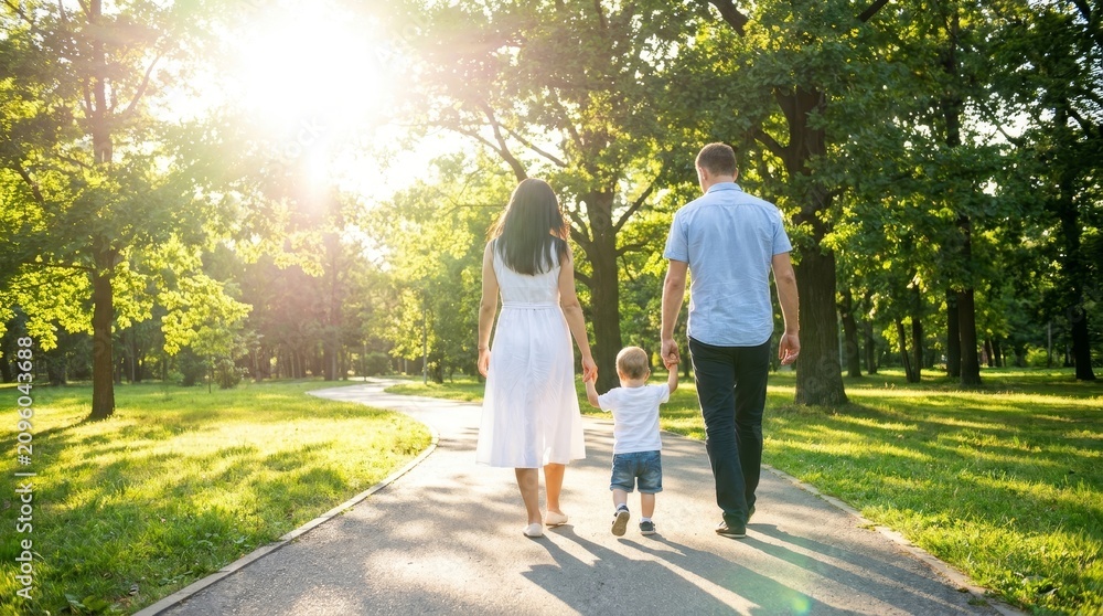 Fototapeta premium Happy Young Family Walking Hand in Hand in Sunny Summer Park