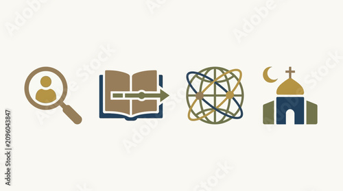 Schilderij op canvas Set of flat icons representing search, education, global network and diverse rel