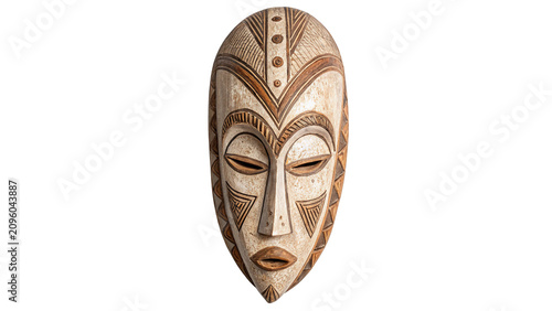Tableau sur toile African tribal wooden mask sculpture isolated on transparent background for desi