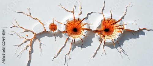 Abstract image depicting bullet impacts on a white surface with fissures and orange centers