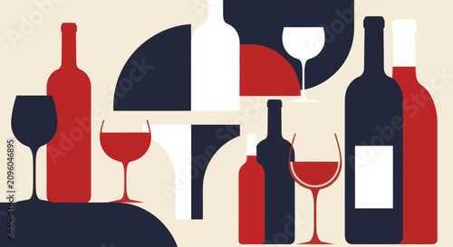 Fotografie Collection of wine bottles and glasses in abstract design.