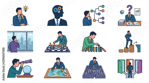 Schilderij op canvas Businessmen contemplating strategy and making decisions in various scenarios