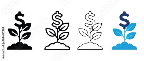 dollar sign plants growing out of the ground with leaves on a white background