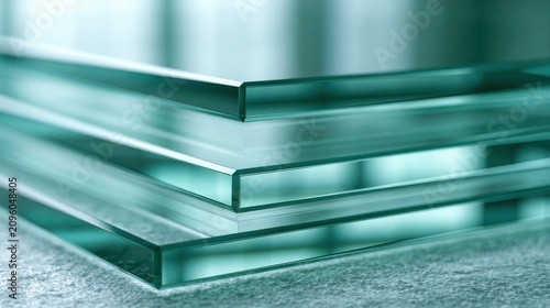 Stacked sheets of clear tempered glass with beveled edges. This material is ideal for architecture and construction.