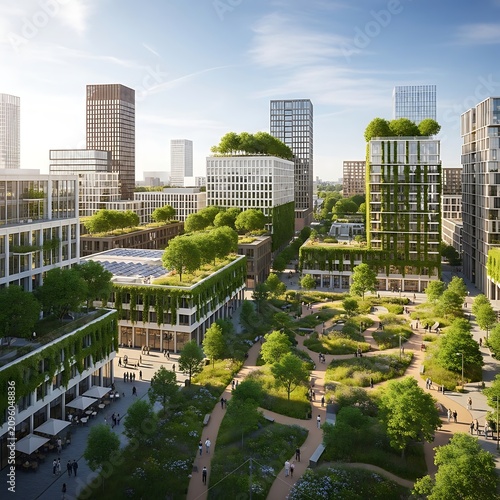 Modern Green City Buildings Surrounded by Trees and Park Paths in Sustainable Urban District