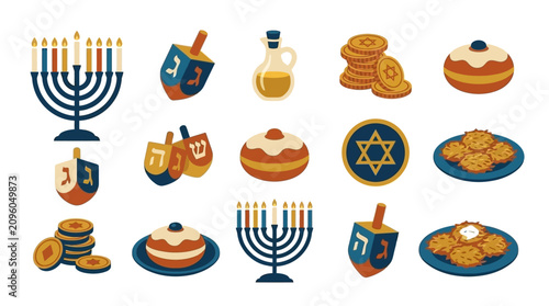 Foto Colorful Hanukkah symbols including menorahs and dreidels on white background