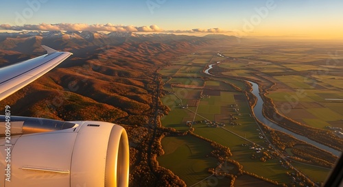 Airplane Wing Flying Over Mountain Valley and River at Golden Sunset