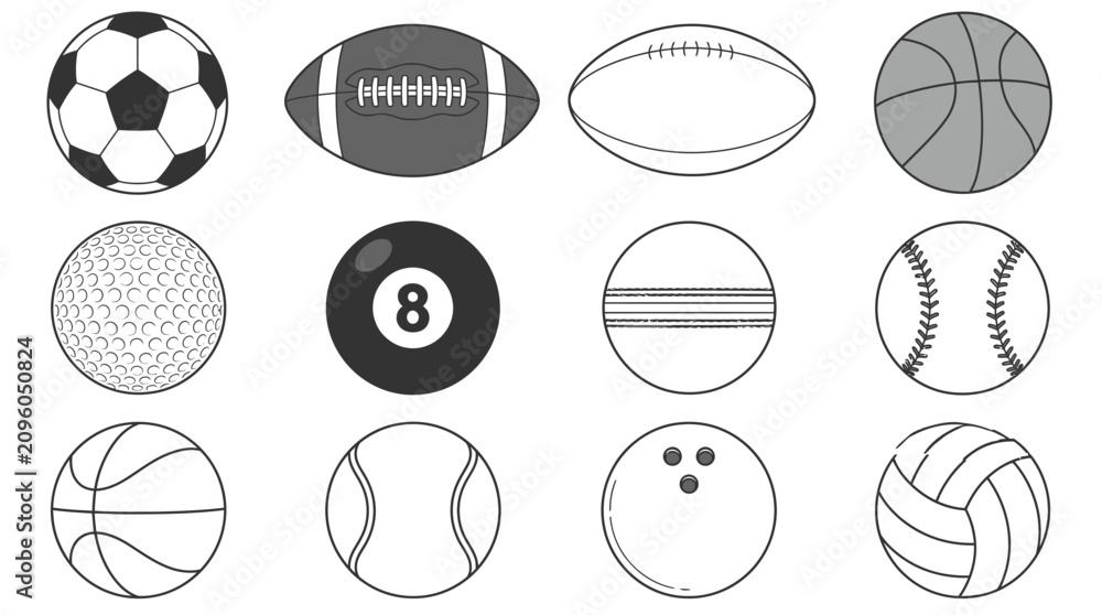 Fototapeta premium Set of black and white sports balls featuring various equipment for diverse athletic competitive games