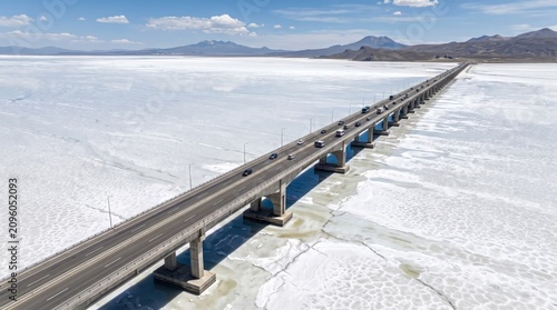 Aerial view of a concrete highway bridge extending across a vast white salt flat landscape