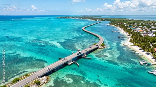 Aerial view of a curving concrete bridge extending over turquoise ocean waters and a coastal town