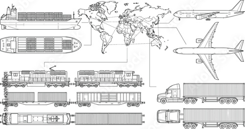 Obraz na płótnie Technical blueprint vector of global logistics infrastructure map with transport