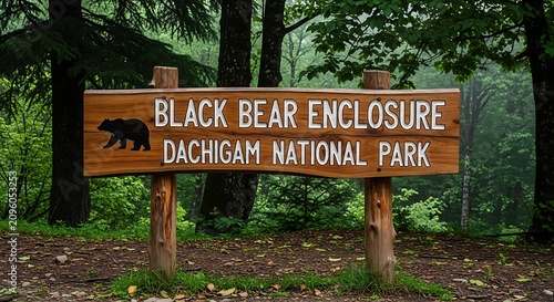 Wooden Black Bear Enclosure Sign Standing in Lush National Park Forest