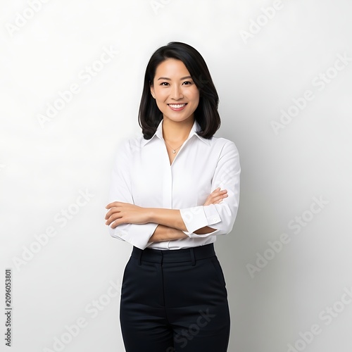 Confident Young Businesswoman Standing with Crossed Arms Against Plain Studio Background