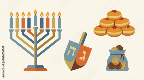 Foto Flat vector illustration of Hanukkah menorah with lit candles, dreidel, sufganiy