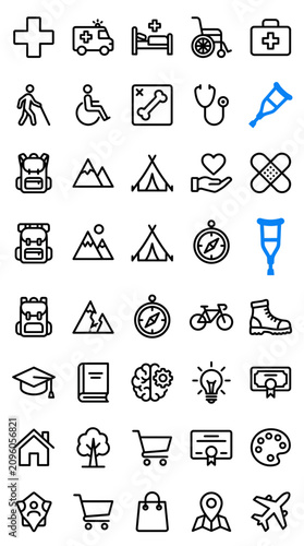 Medical and Outdoor Activity Icons: Health, Travel, Education, and Lifestyle Set