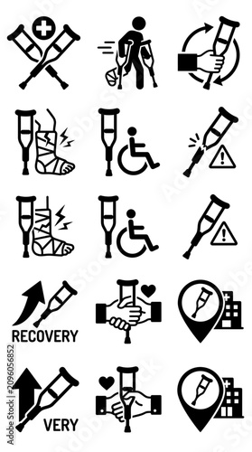 Medical Crutches and Accessibility Icons Set: Injury, Recovery, and Support