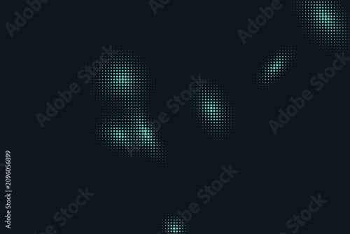 Принти на полотні Abstract halftone blobs on dark greenish-black background, dots pixelated
