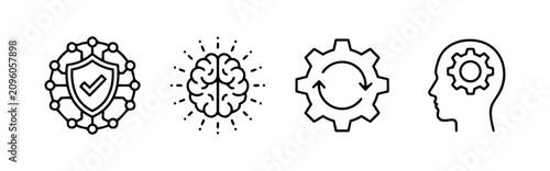Fotografía Four black line icons depict a shield with a checkmark, a brain with sparks, interlocking gears, and a head with a gear, symbolizing security, innovation, mechanics, and ideas