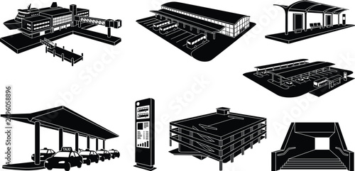 Принти на полотні Public Transportation Hub and Infrastructure Icon Set Featuring Terminal Buildin