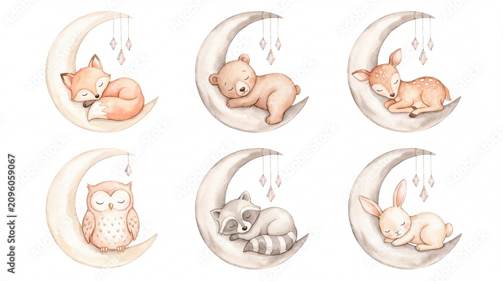Fototapeta premium Dreamy watercolor baby animals sleeping on crescent moons, a charming collection of woodland creatures for nursery decor and children's designs, soft pastel illustrations.