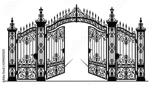 Cuadro en lienzo Ornate wrought iron gates silhouette against a white background