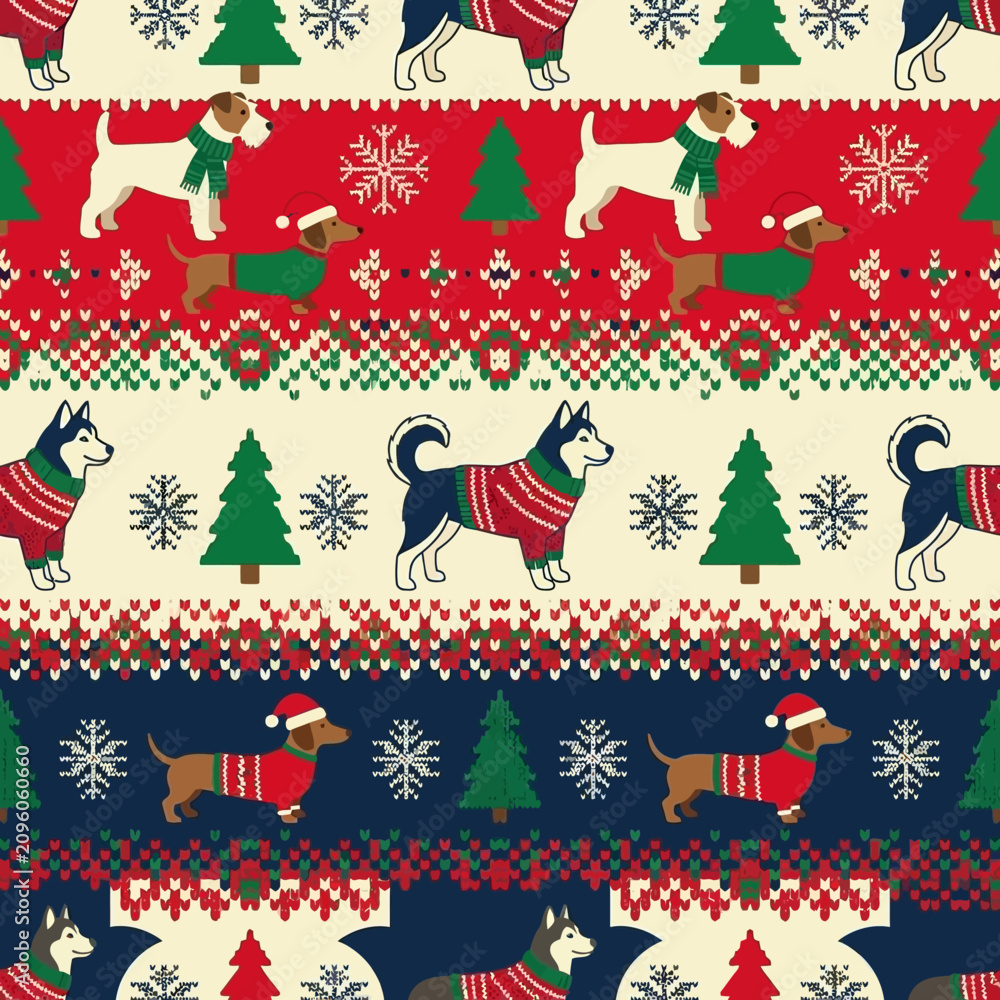 Fototapeta premium Seamless pattern of dogs wearing winter sweaters with Christmas trees and snowflakes