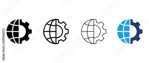 Gear globe icons in different colors and styles for business and technology concepts  representing global connections and settings