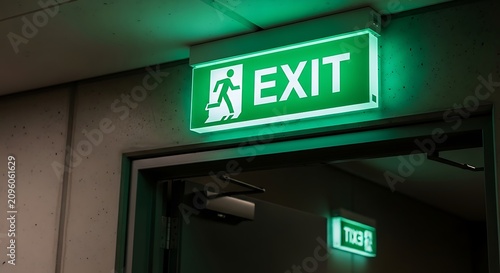 Glowing Green Exit Sign Mounted Above Open Door in Indoor Hallway