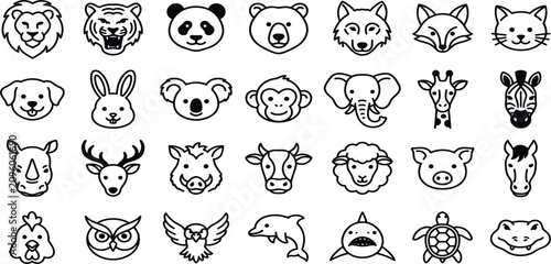 Photography Minimalist Cute Animal Avatar Face Line Icon Set featuring Wild Wildlife Zoo Saf