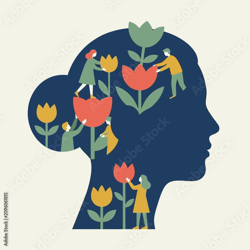 Fotografía Tiny people planting flowers inside a woman head silhouette representing mental