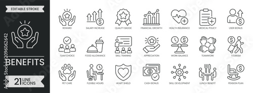 Benefits outline icon set. Containing reward, corporate, employee, salary, bonus, insurance, growth, training, teamwork, finance, management and more. Editable stroke icons pack. Vector illustration