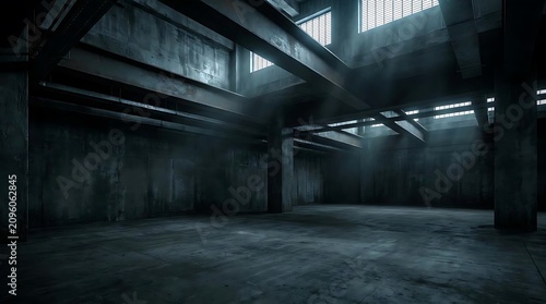 Empty industrial warehouse interior with high ceilings and concrete walls