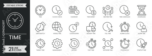Time outline icon set. Containing clock, calendar, management, countdown, timer, alarm, hourglass, delivery, schedule, business, deadline and more. Editable stroke icons pack. Vector illustration