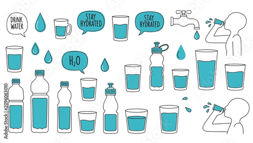 Valokuva Stay Hydrated Hand Drawn Doodle Collection with Water Bottles and Glasses