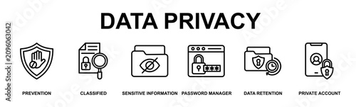 Data Privacy Banner Web Outline Icon Vector Illustration Concept for Technology with Icons of prevention, classified, sensitive information, password manager, data retention, private account