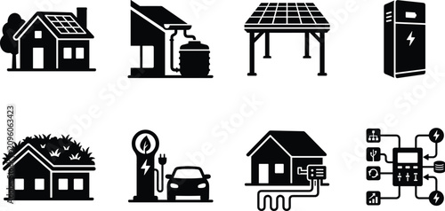 Sustainable residential eco friendly home infrastructure and green energy technology black glyph icons set isolated on white