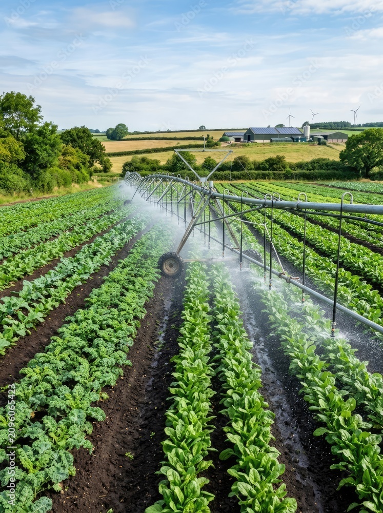Obraz premium An irrigation system sprays water over a row of young, green plants in a cultivated field. The scene features a farm landscape with rolling hills, trees, and a distant wind turbine.