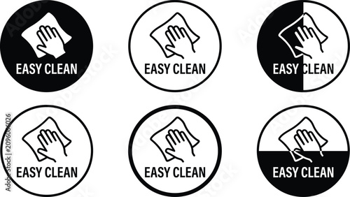 Easy clean vector icon set featuring hand wiping with cloth for product labels and packaging