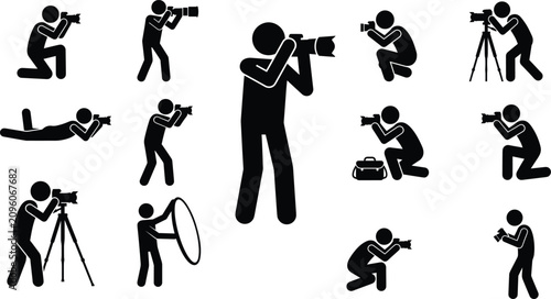 Cuadro en lienzo Photographer Silhouette Icon Set with Camera, Tripod, Studio Lighting and Photog