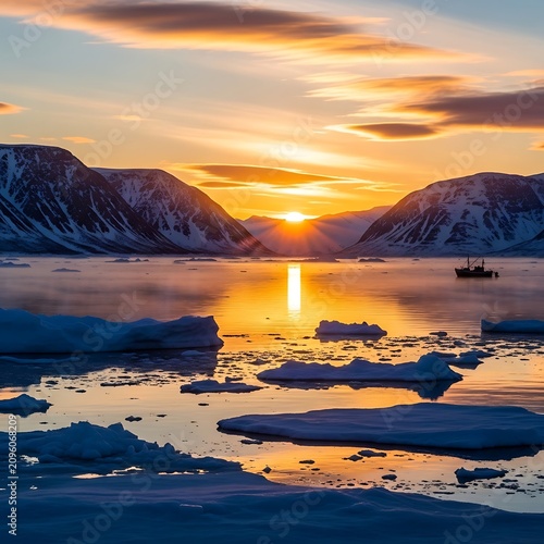 Glowing Arctic Sunset Reflecting on Icy Fjord Between Snow Covered Mountains