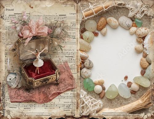 Vintage collage featuring a ballerina music box pink bow and frame of beach stones on aged paper