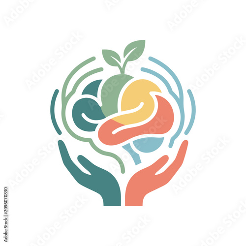 Fotografía Stylized illustration of hands cradling a colorful brain with a growing sprout