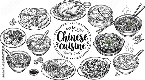 Foto Vintage Chinese Cuisine Typography Emblem Set with Hand Drawn Peking Duck, Dumpl