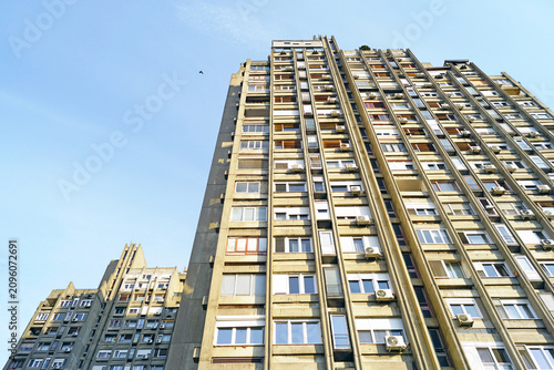 Fotografie Low angle view of Yugoslav brutalist apartment towers defining Belgrade skyline