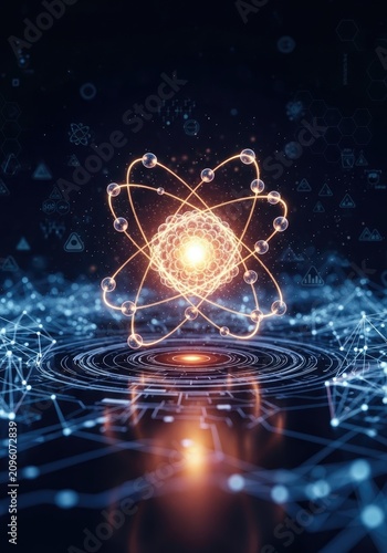 A vibrant atom glows at the center of the image, surrounded by interconnected lines and glowing particles.