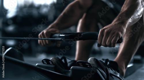 Close Up Athlete Using Rowing Machine During HYROX Style Cardio Workout, Endurance Training and Functional Fitness Concept