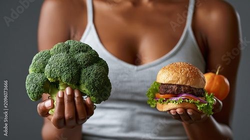 Woman holding fresh green broccoli and delicious hamburger in her hands with broccoli